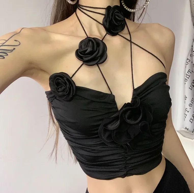 

Women's Sexy Sling 2025 Spring Summer Latest Temperament Black Rose Halterneck Vest Female Solid Color Tight Waist Tank Top