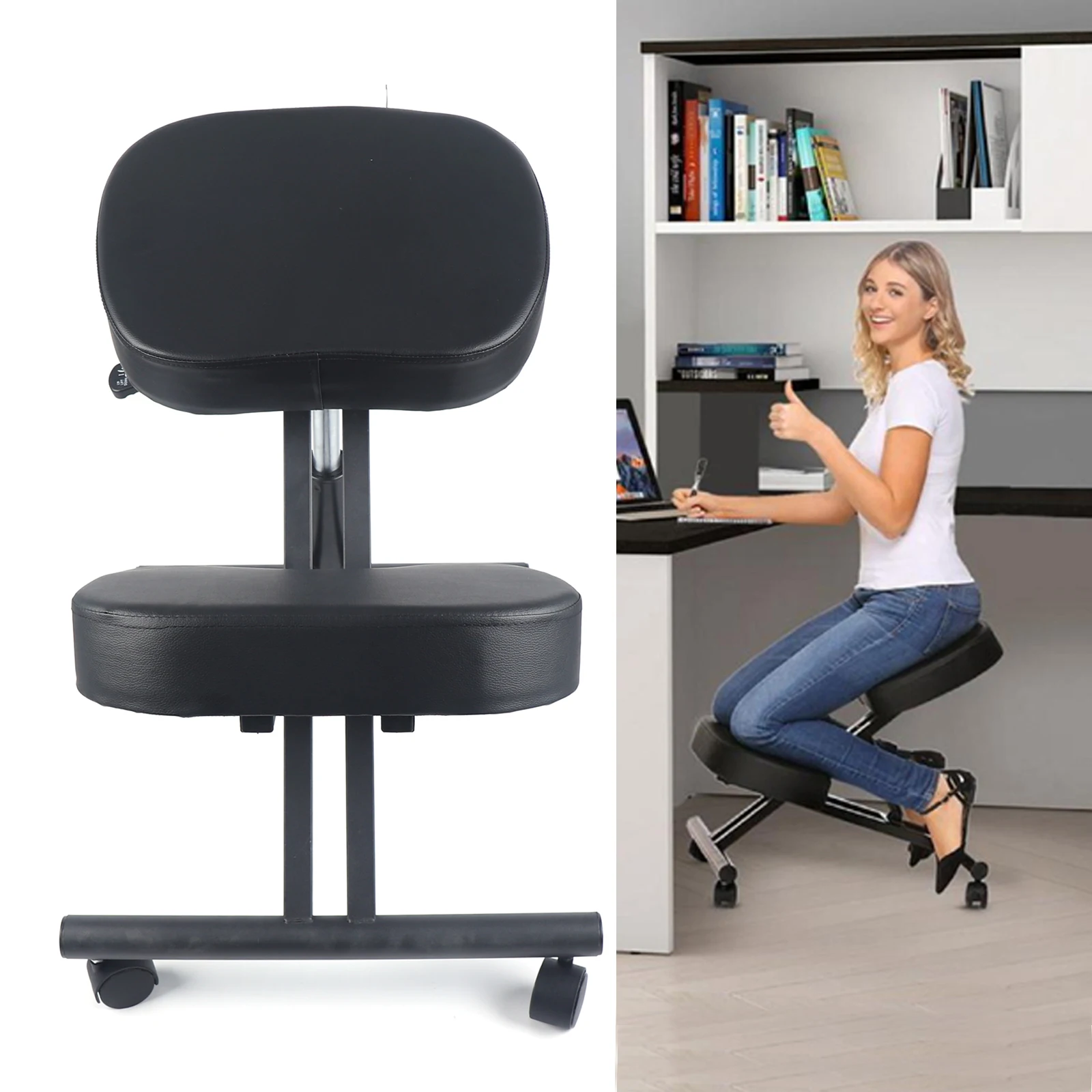 Ergonomic Adjustable Knee Chair - Pneumatic Height, Reduces Stiffness Supports Up to 250 lbs, Stylish Black Design for Any Space