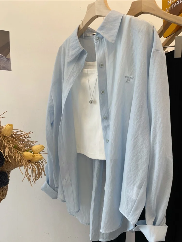 

American Retro Knot Design Summer Shirt Loose Long Sleeve Women's Outerwear Sun Protection Simple Style Commute Wind