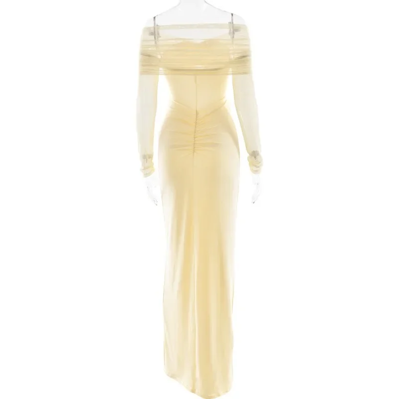 Sheer ตาข่าย Patchwork Bodycon Maxi ชุดราตรีผู้หญิง Ruched Hollow Off ไหล่แขนยาววันเกิดยาว Robe
