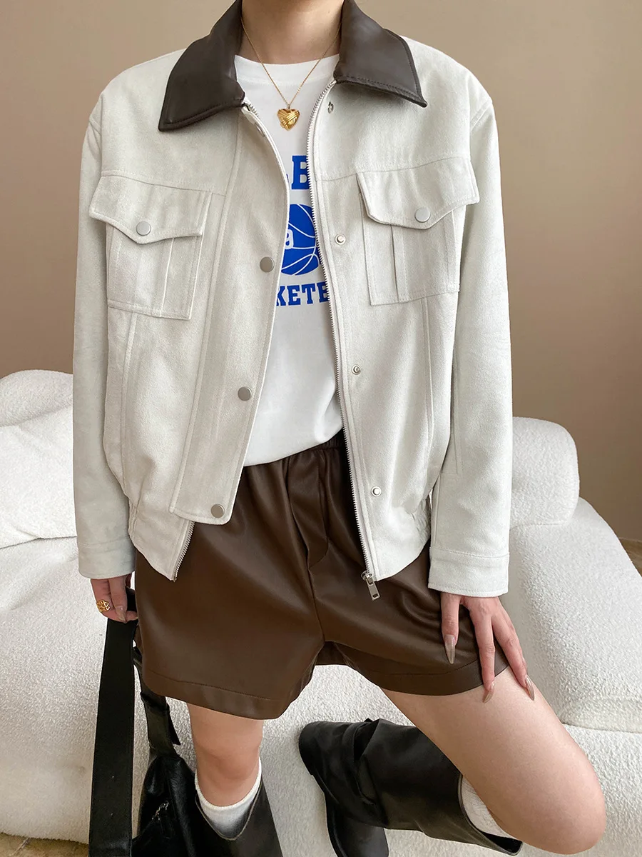 

Autumn Women's Casual Solid Color Vintage lapel loose workwear jacket