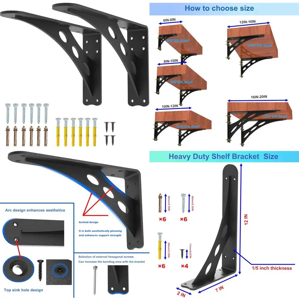 

Heavy Duty Metal Shelf Brackets for Floating Shelves and Countertops, 1000 lbs Load Capacity, 12x7 Inch, Black Set of 2