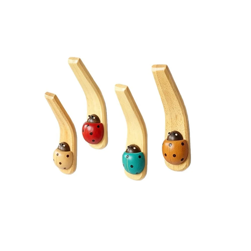 Cute Ladybug Solid Wood Wall Hooks Screw Mounted Coat Hat Bag Towel Hanger Entryway Bedroom Decor