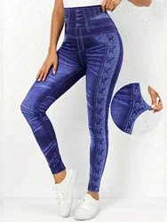 Women's Plus Size 1XL-5XL Patchwork High Waisted Leggings Faux Denim Skinny Pants Calf Fashion Pants for Women