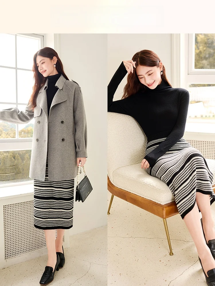 

High Waist Knitted Cotton Lin f Body Skirt Women's Wrap Sle Stripe Patterned Skirt Ele Commuter Sle Winter New Arr...
