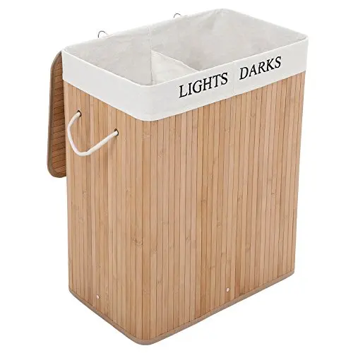 100l (62.5X52X32 Cm) Bamboe Service Wasserette Box Met 2 Wasmand Compartimenten Met Verplaatsbare