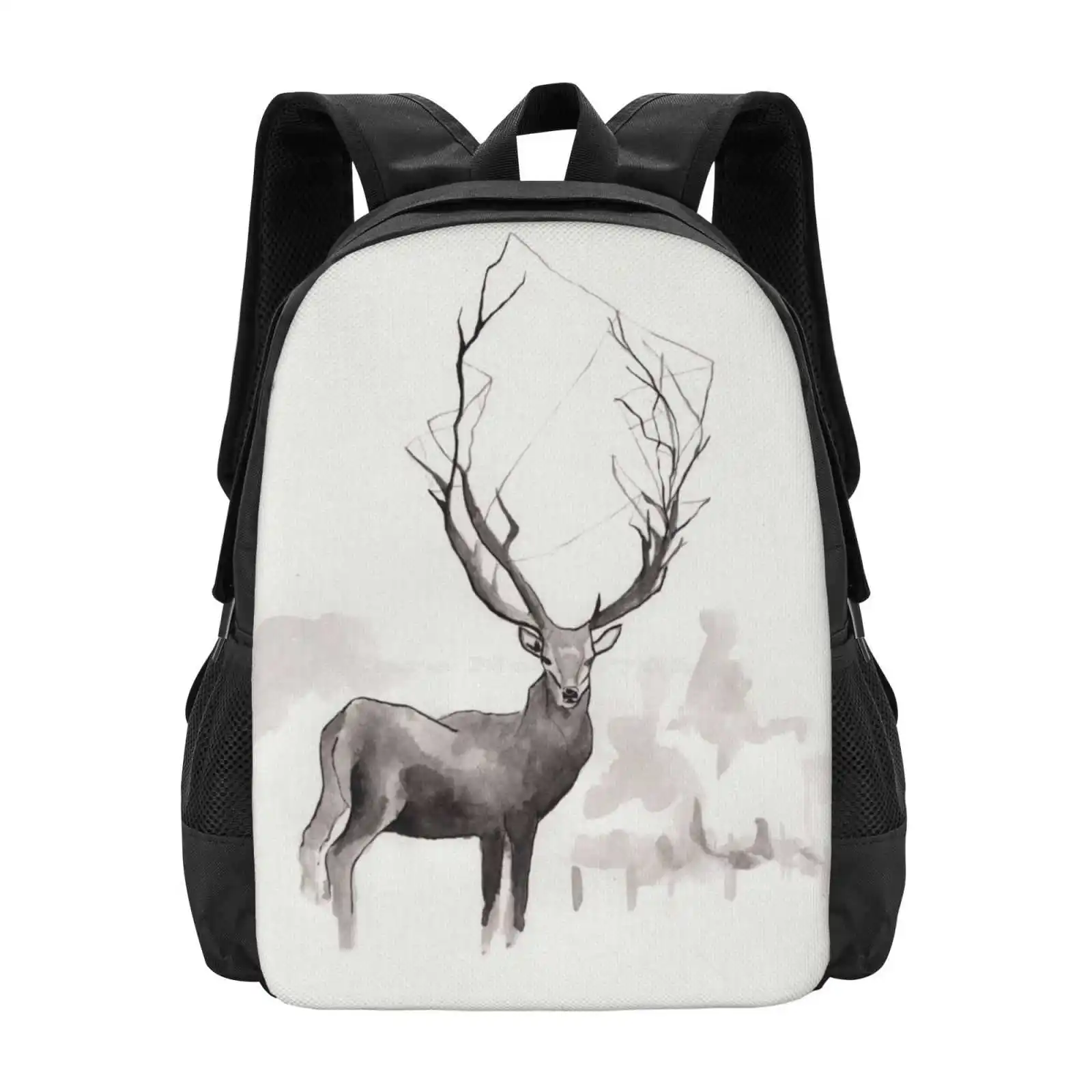 Art Illustration-Deer In The Fog Teen College Student Backpack Pattern Design Bags Deer Fog Winter Holidays Animal Ink Fine Art