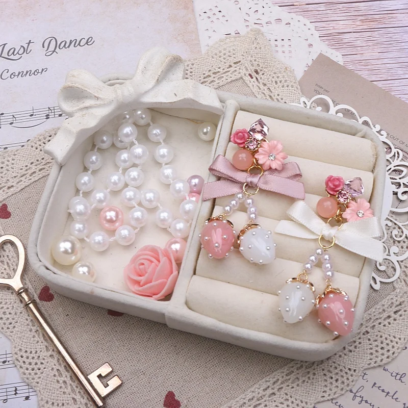 Japanese Handmade Sweet and Cute Strawberry Bow Diamond Flower Earrings Earrings Lolita Jewelry Girl Gift