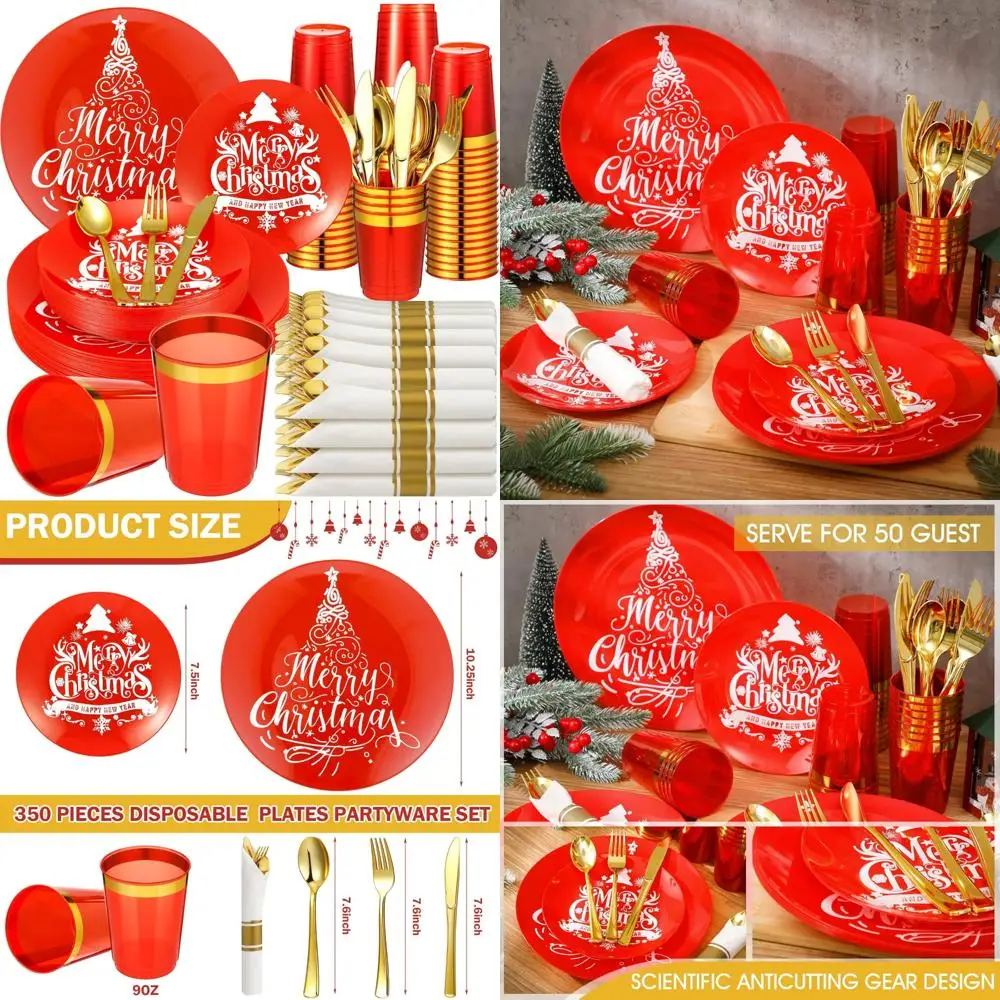 

Plastic Dinnerware Set for 50 Guests: 50 Dinner Plates, 50 Dessert Plates, 50 Pre-Rolled Napkins in Gold and Silver Styles