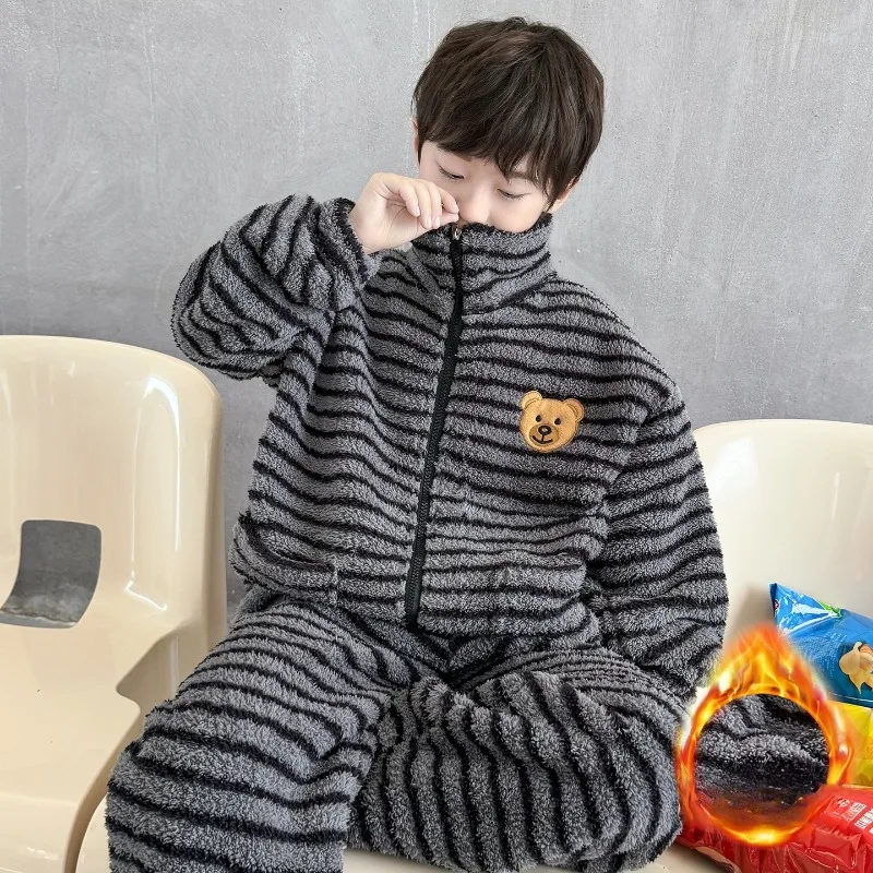 2pcs Vintage Striped Boys Loungewear Thickened Fleece Stand Collar Cardigan Set Korea Winter Casual Pajama Set
