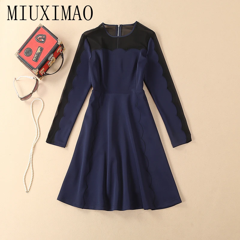 

MIUXIMAO 2022 High Quality Autumn&Winter Elegant Dress Long Sleeve O-Neck Patchwork Fashion Knee-Length Dress Women Vestide