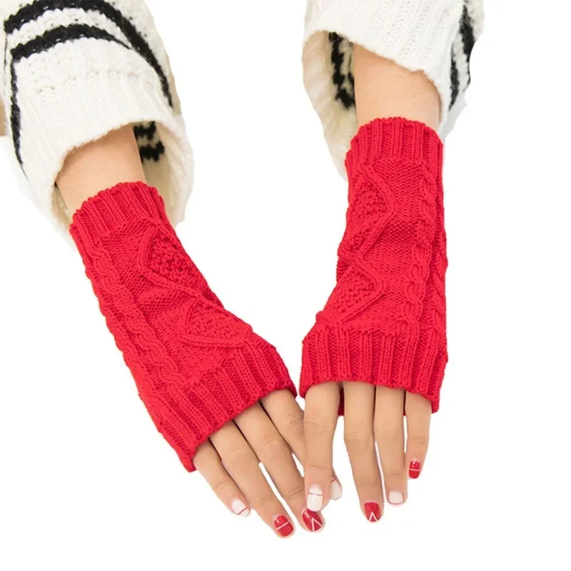 Stylish Women Gloves Winter Hand Warmer Gloves Women Arm Crochet Knitting Hollow Heart Mitten Warm Fingerless Work Gloves