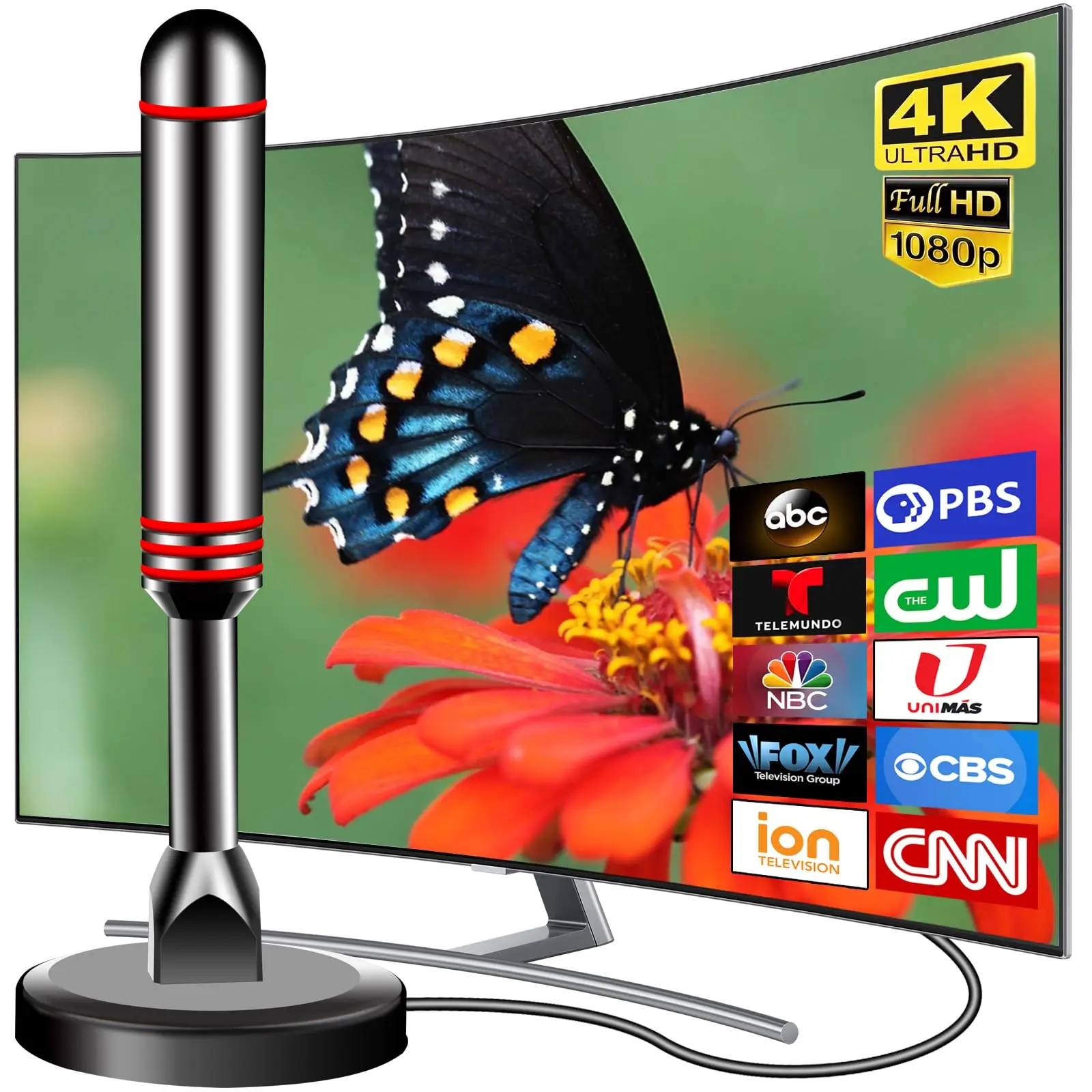 2024 Newest TV Antenna with Strong Magnetic Base 360° Long Range Reception TV Antenna Indoor TV Antenna for TV Local Channels