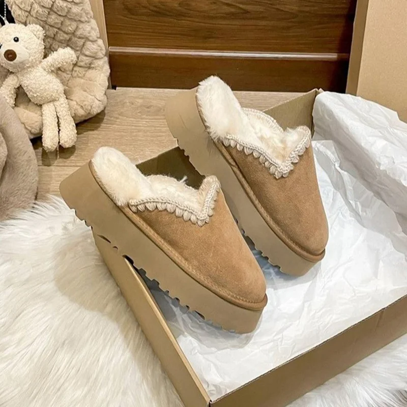 Fur Shoes Mules For Women 2023 House Slippers Platform Med Cover Toe Slides Plush Flat Rome Fabric Rubber PU Shearling Snow