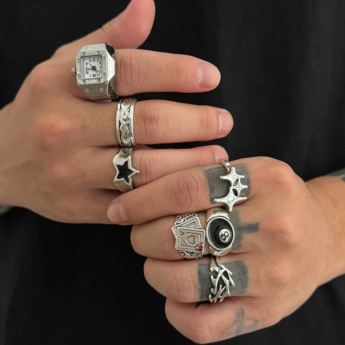 SHIXIN 7Pcs/Set Punk Style Poker Watch Rings for Men Hip Hop Irregular Geometric Stars Knuckle Ring Street Jewelry Accessories