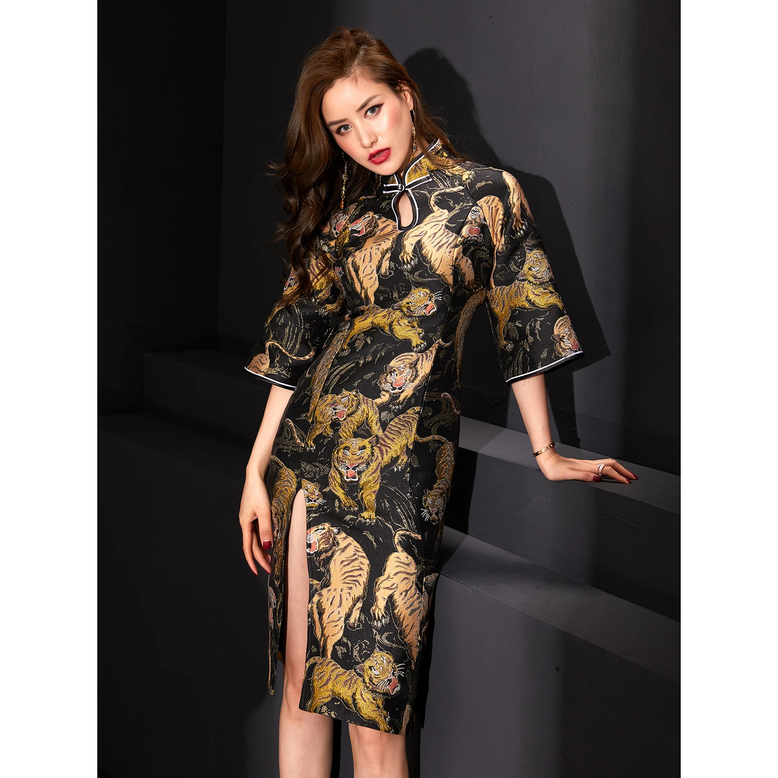 

Original Sle k Floral Tiger Robe Dr New Chinese Retro High Slit Cotton Blend Seven Sve Long Qipao
