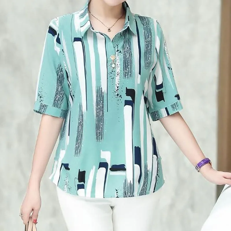 Fashion Women's Casual Polo-Neck Short Sleeve Shirt Female Clothing Summer Thin Stylish Beading Spliced Printed Chiffon Blouse