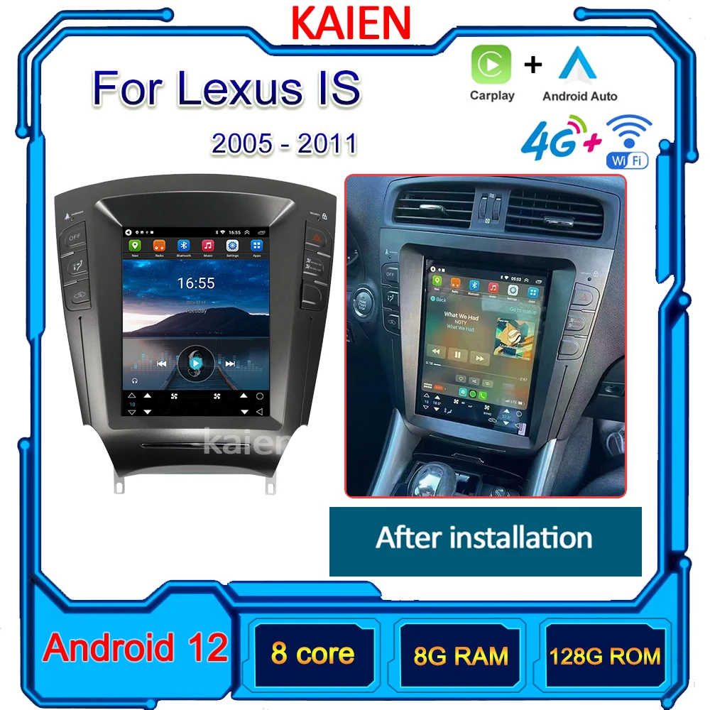 

Автомагнитола KAIEN для Lexus IS IS250 IS300 IS350 2005-2011, Android 12, автонавигация, GPS, стереоплеер, DVD, мультимедиа, 4G, Wi-Fi, DSP