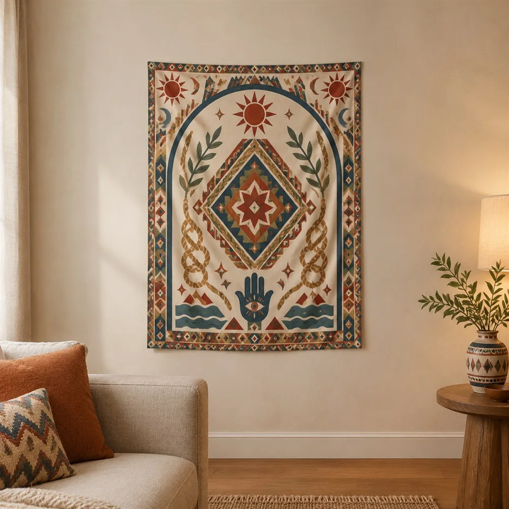 VIKAMA Macrame Knot Pattern Framed Panel Tapestry Wall Hanging, Bohemian Wall Decor Tapestries for Nursery Kids Room Bedroom