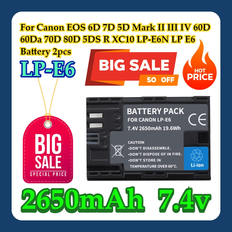 

For Canon EOS 6D 7D 5D Mark II III IV 60D 60Da 70D 80D 5DS R XC10 2650mAh LP-E6 LP-E6N LP E6 Battery 2pcs