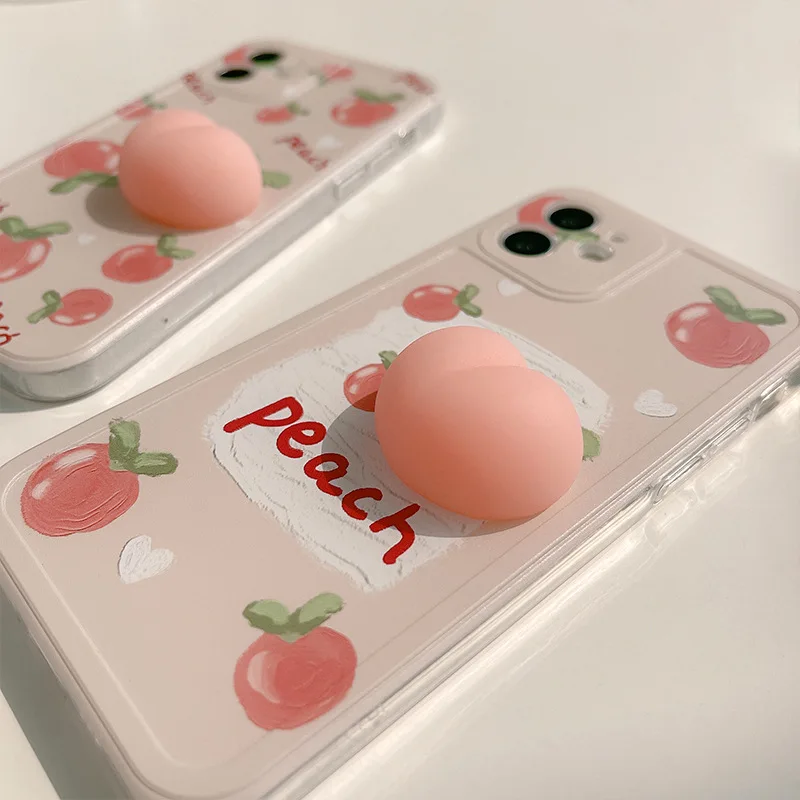 Stereoscopic Fruits Pink Peach 15Pro Max 14 Plus Pinch Toy iPhone Case For 13mini 12 11 Decompression Silicon Phone Cover