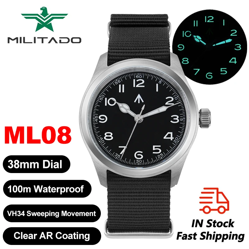

Militado ML08 Кварцевые часы VH31 Подметание второго механизма Винтажные часы Сапфировые наручные часы 100 м Водонепроницаемые светящиеся часы