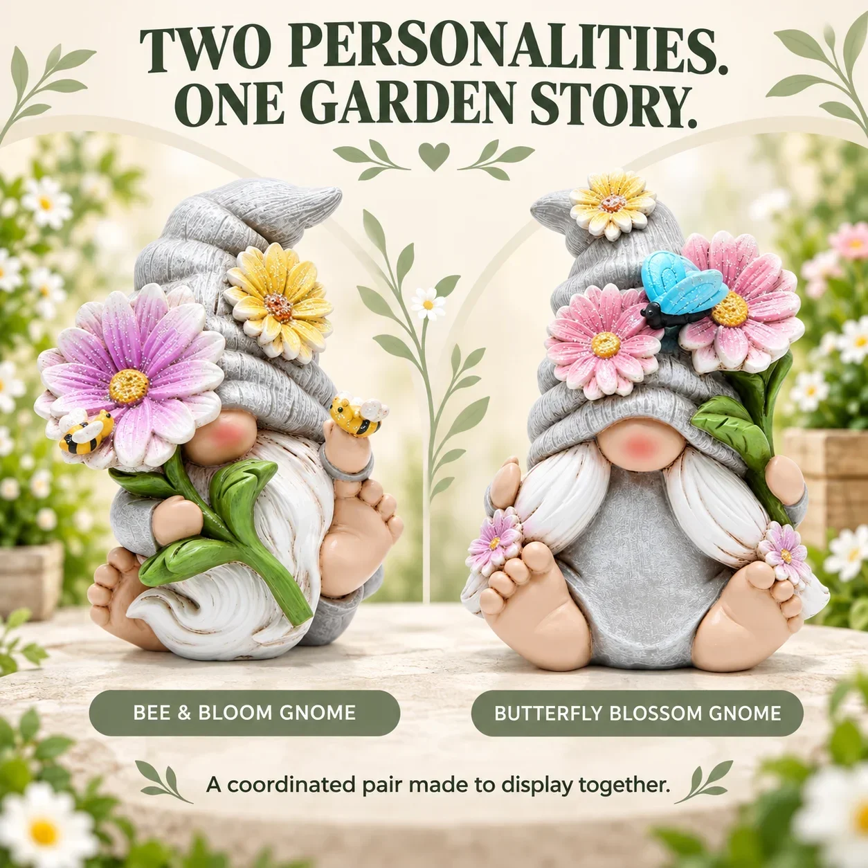 Hodao Cute Flower Gnome Figurines Set of 2, Resin Garden Couple with Bee and Butterfly, Spring Desktop Shelf Decor New Home Gift
