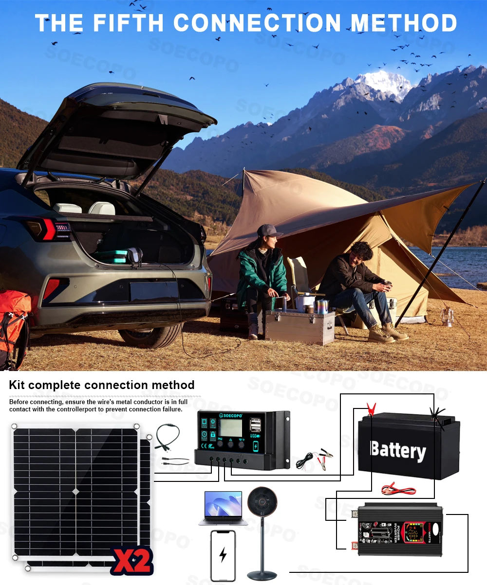 SOECOPO 6000W Solar System Set 2×300W Panels Inverter (DC 12V to AC 110V/220V), 100A Controller & Accessories Camping Home