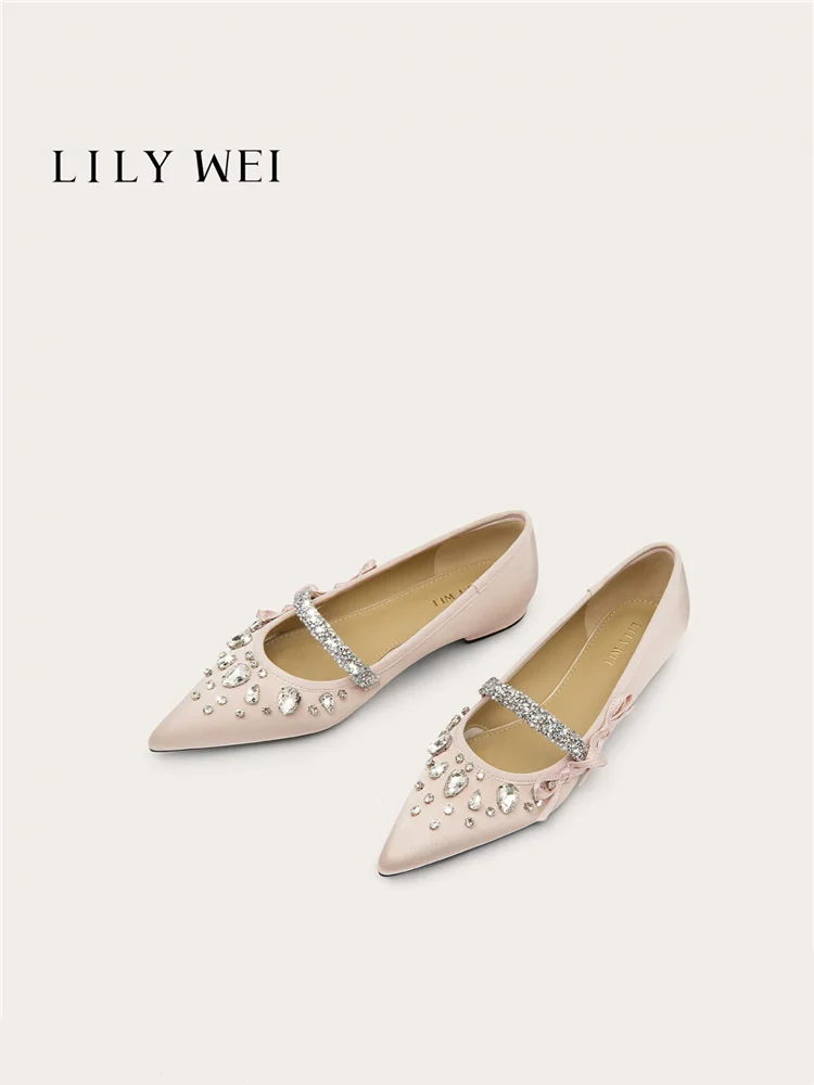 

Spring new pointed rhinestone with silk bow single shoe banquet dress large size small size widened flat bottomed women's shoes