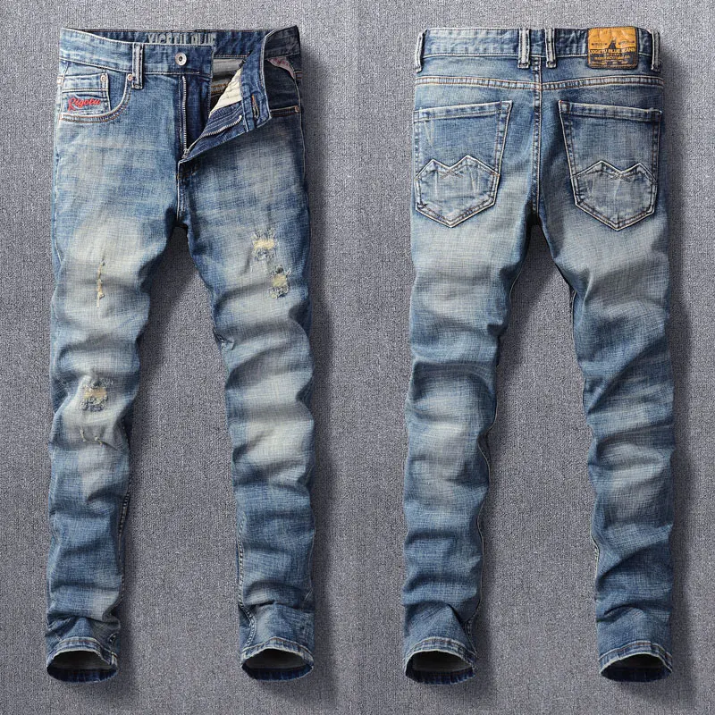 

Fashion Vintage Men Jeans High Quality Retro Blue Stretch Slim Ripped Jeans Men Hole Trousers Designer Casual Denim Pants Hombre