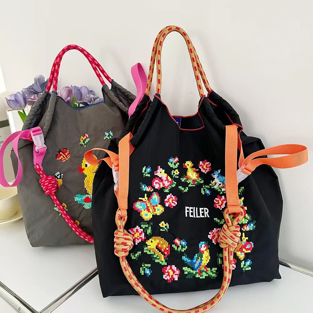 Draw String Hand Bag Oxford Cloth Embroidery Tote Reuseable Nylon Bag Portable Shoulder Bag Korea Bag Foldable Bag Embroidery