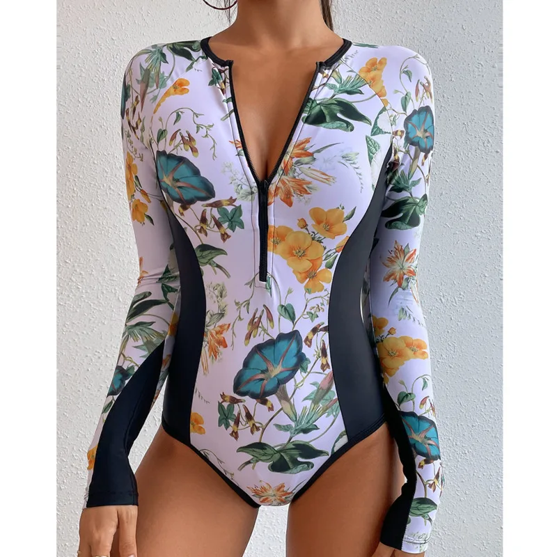 Novo maiô de uma peça fechado manga longa roupa de banho para esportes surf bodysuit feminino natação beachwear piscina banhista