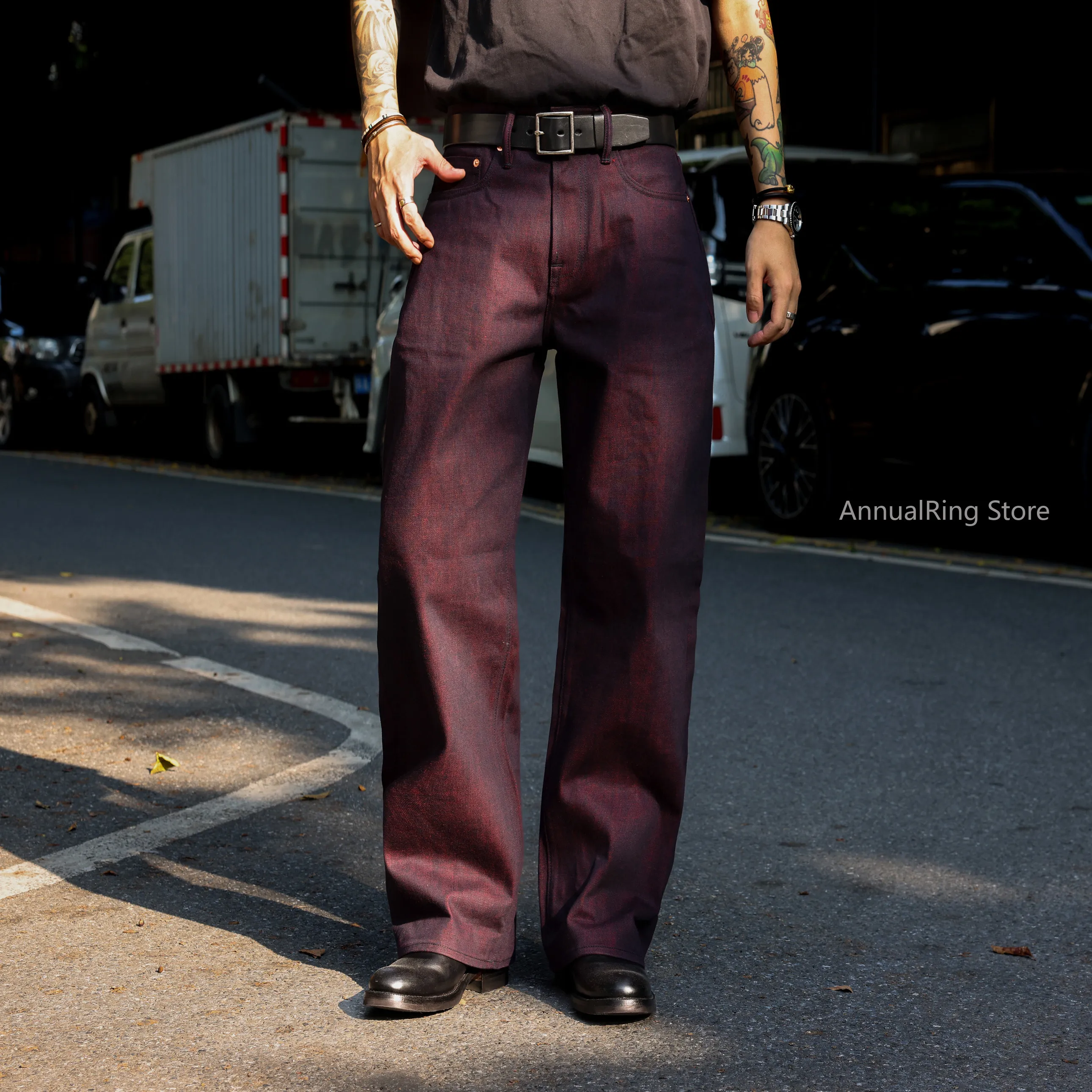 Red Tornado Men's Vintage American Jeans 15OZ Heavy Selvedge Denim Raw Denim Loose Straight Pants Fit Long Trousers