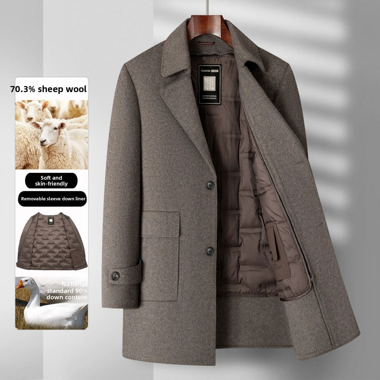 2025 Winter New Men's High end Wool Coat with 70% Wool Content, Down Inner Tank Thickened Warmth, Medium to Long Business Coat