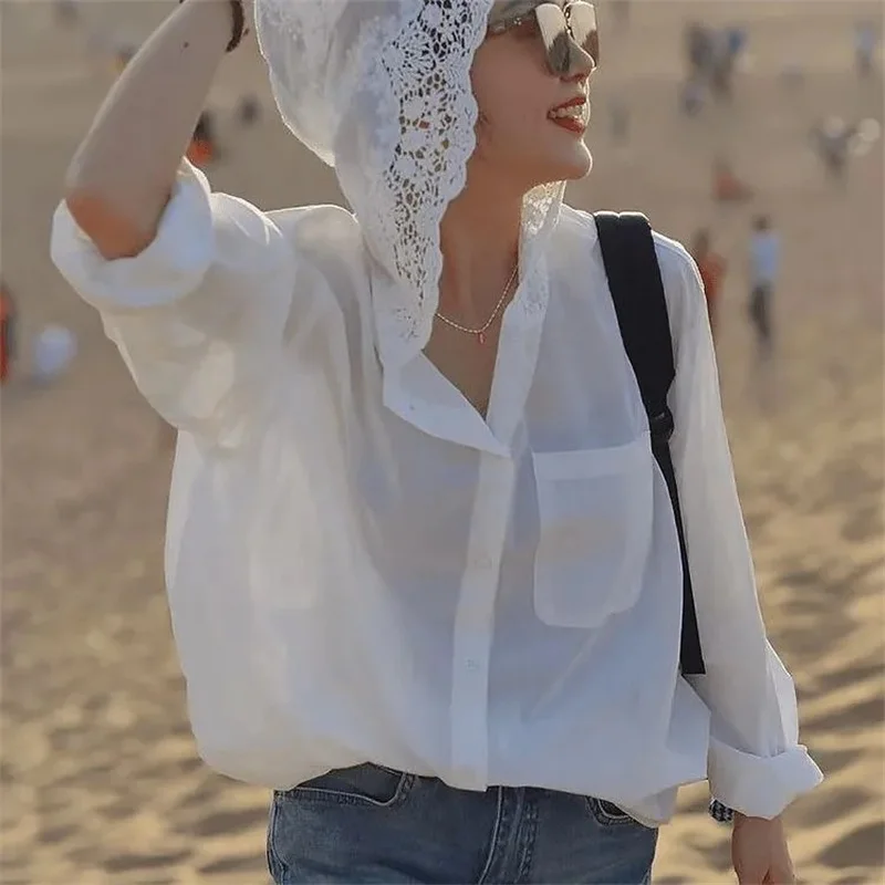 

Korean Women Fashion Hollow-out Sun Protection Shirt Summer Female Hooded Blouse Spring Ladies Long Sleeve Sunscreen Thin Shirts