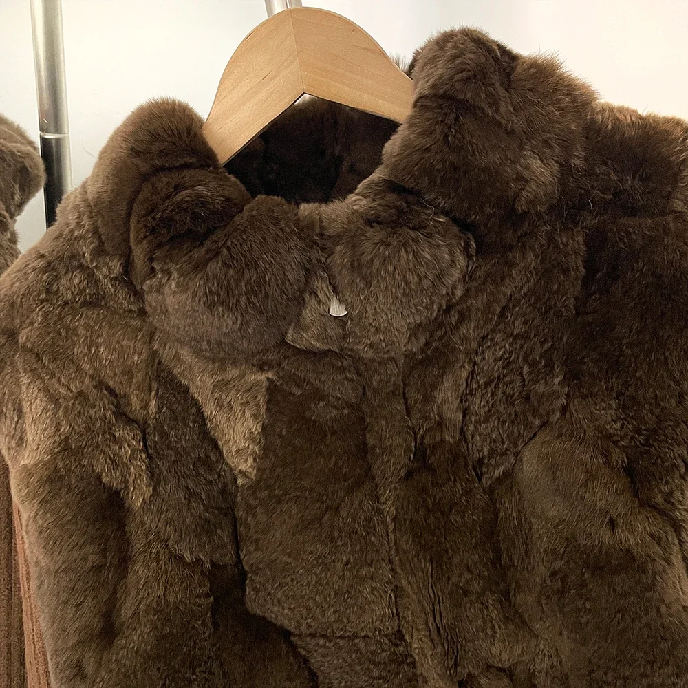 OFTBUY Echter Rex-Kaninchenfellmantel, kurz, neue Winter-Warmkleidung, Damen, Strickärmel, Patchwork, Stehkragen, Reißverschluss, Pelzjacke für Damen – Detail 7