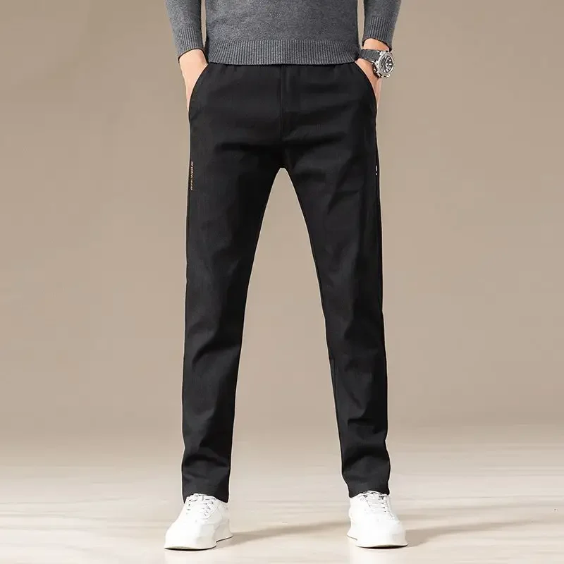 Fleece Jeans Autumn Winter Men Pants High Waist High Quality Cotton Brand Denim Trouser Warm Stretch Thick Black Gray Pants New