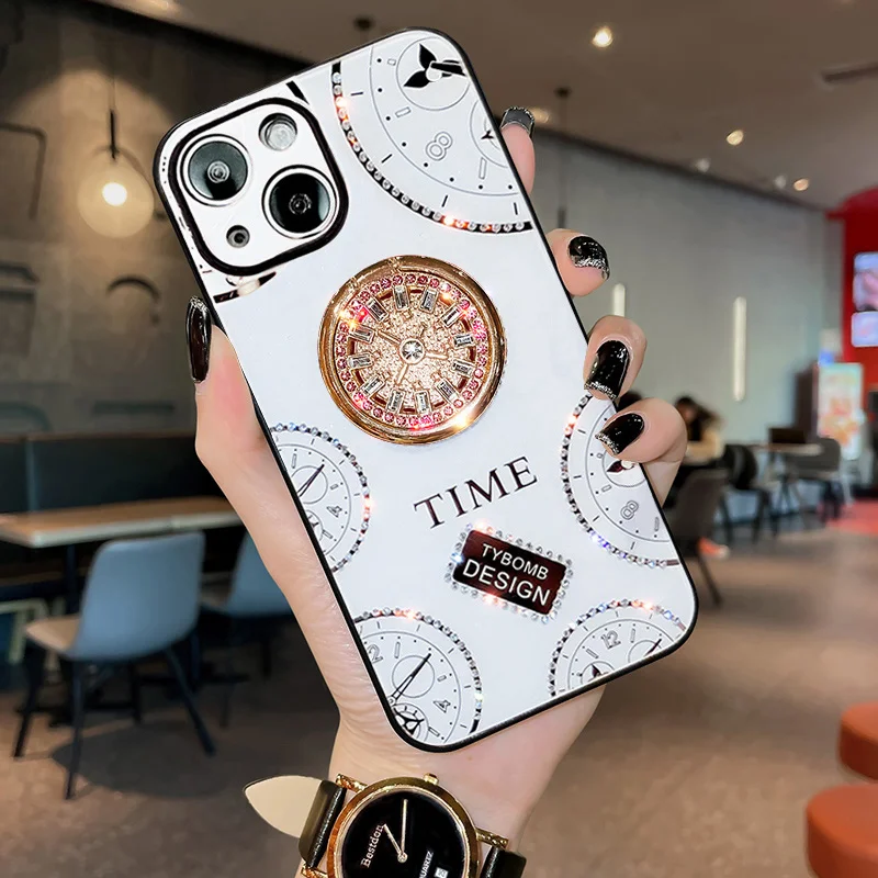 Luxury Diamond Glitter Ring Bracket Phone Case For iPhone 14 13 12 11 Pro X XR XS MAX 7 8 Plus SE2020 Clock Cover