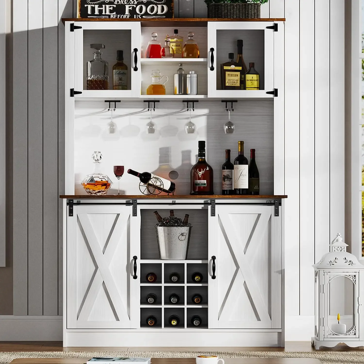 4Clo2Buy-Armoire de Café-Bar de Ferme avec Portes de Grange Coulissantes, Clapier 72 en effet avec Rangement, Armoire Bar Blanche avec Verre