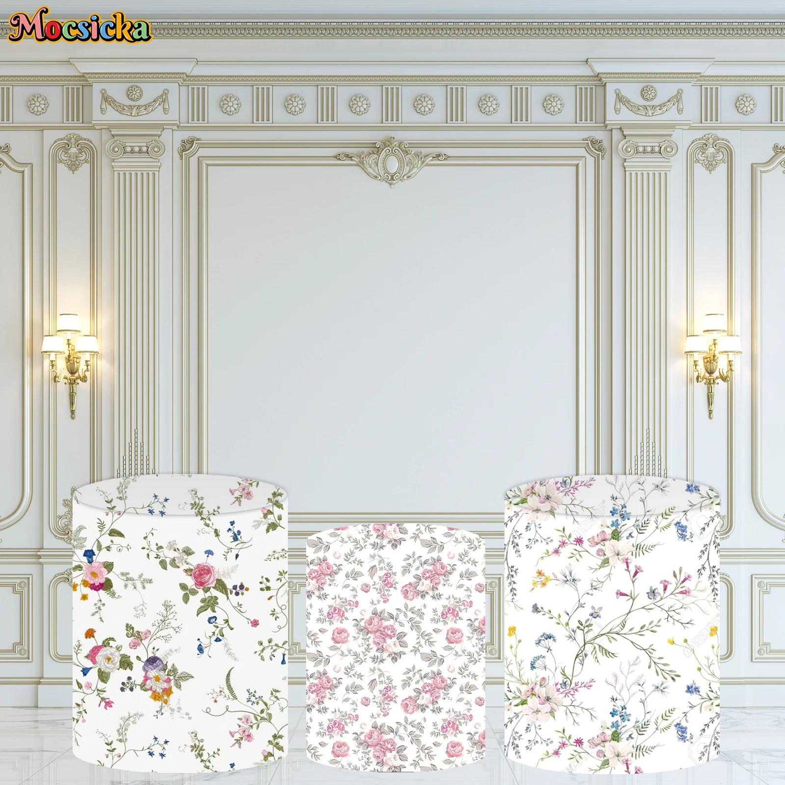 

Mocsicka Backdrop Children Birthday Baby Shower Backdrop Spring Flower Party Custom Round Cylinder Cover Decor Studio Prop