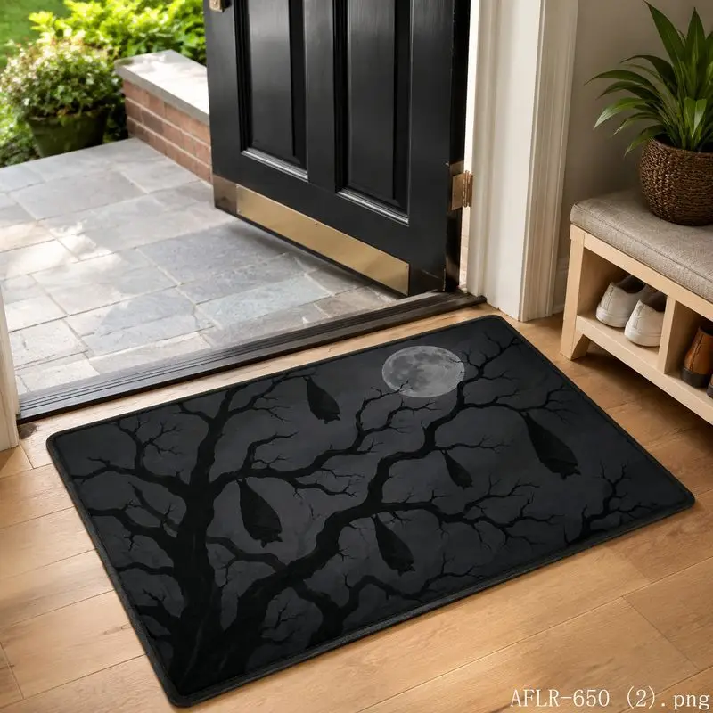 VIKAMA Halloween Bat Moon Withered Tree Door Mat Gothic Non Slip Entry Rug Spooky Home Decor Floor Mat