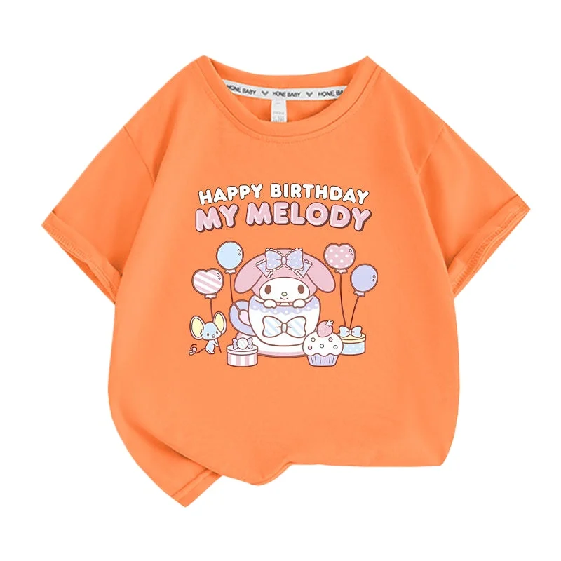

Детская футболка, новая летняя хлопковая футболка Sanrio Melody с мультяшным принтом, мужская и женская, милая, стильная, свободная, для родителей и детей