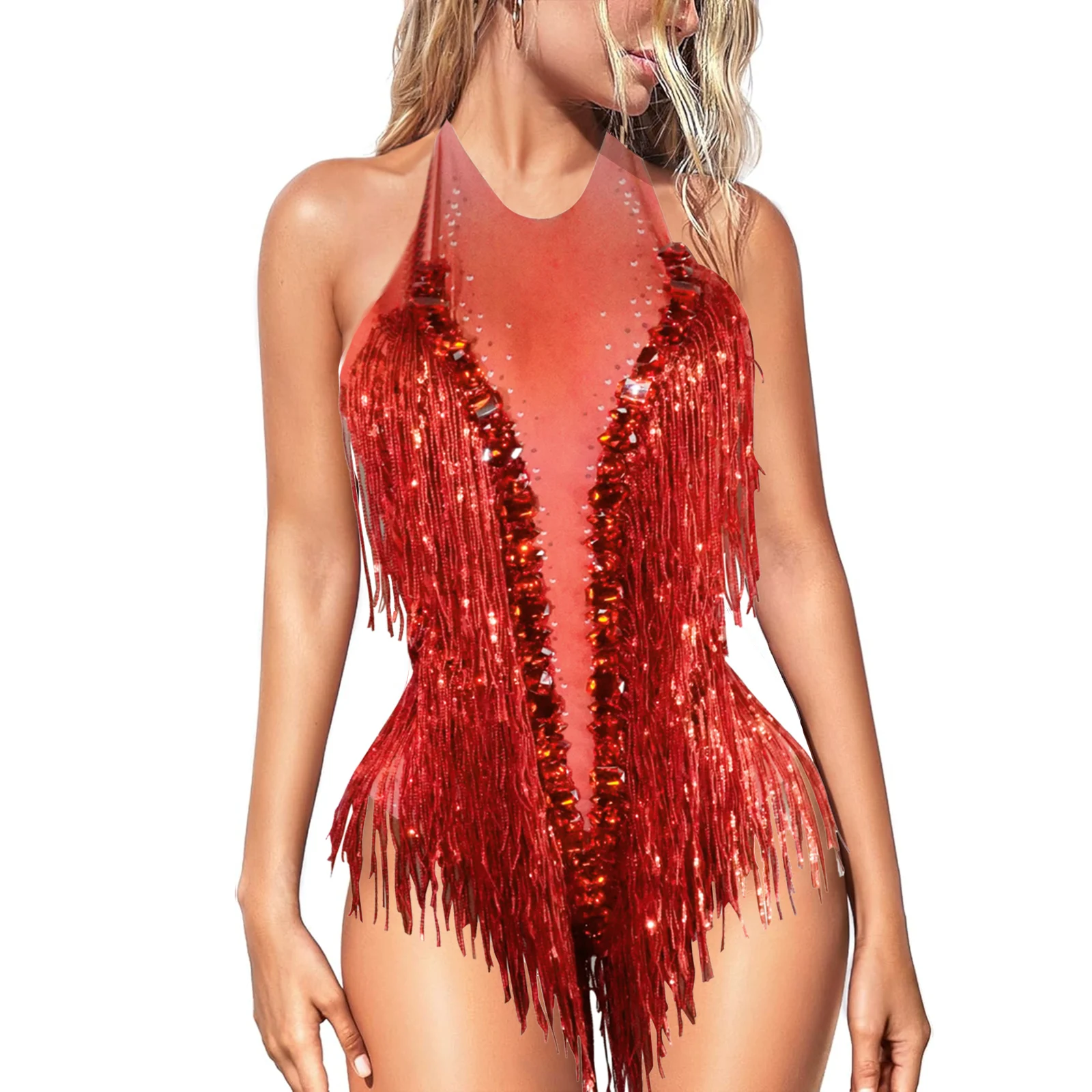 

Sparkly Hot Red Leotard Crystals Sequins Fringes Bodysuit Women Sexy Backless Dance Costume Dancer Performance Show Stage Wear