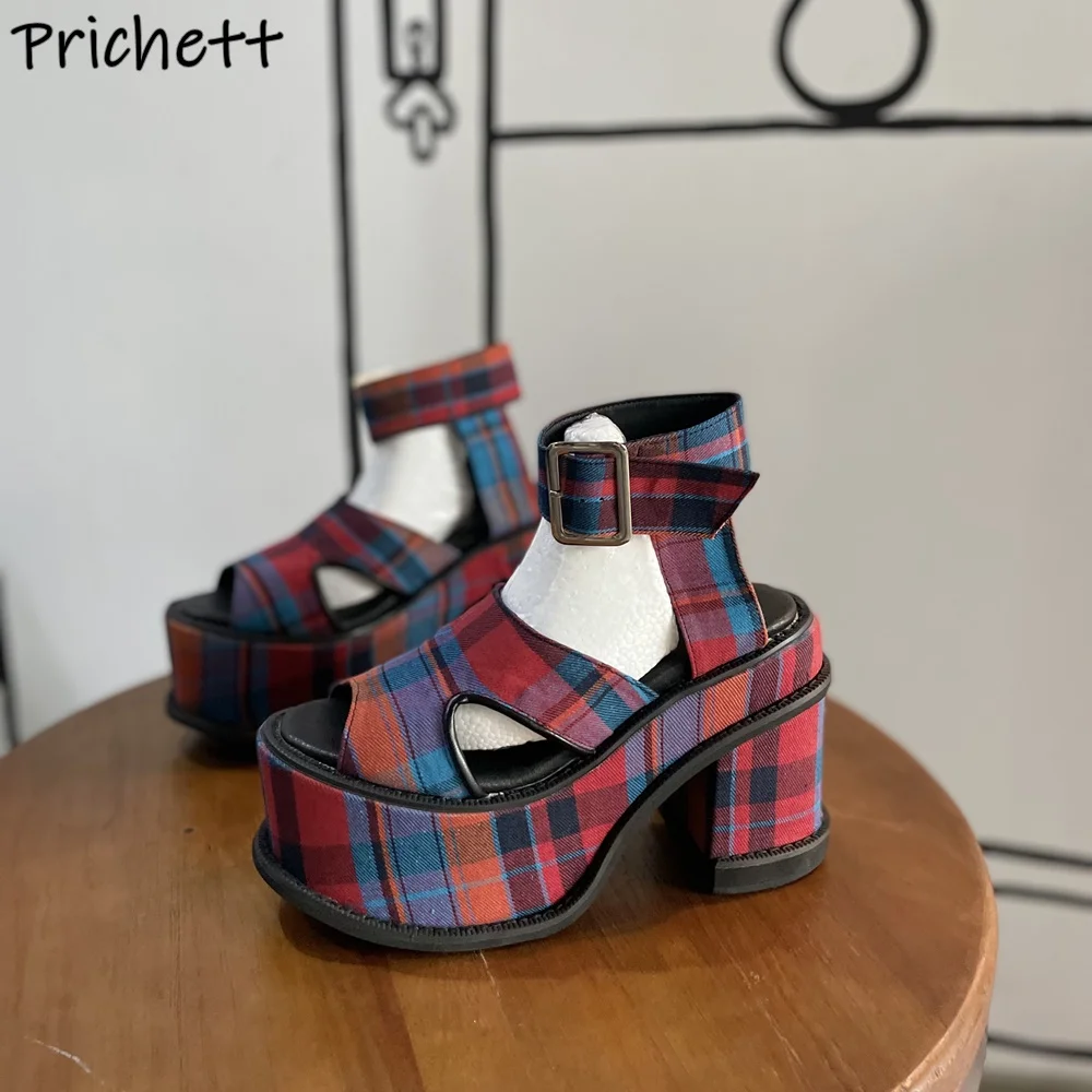 

Platform Checkered Sandals Chunky Heels Peep Toe Hollow Mixed Color Ankle Band Shoes Women's Summer Lovely Fashion Shoes 2025