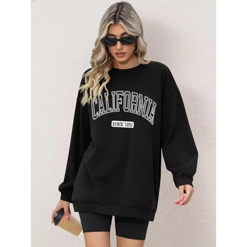 Women's Oversized Pattern Sports Shirt Long Sleeved Round Neck Pullover Casual Autumn Hoodie Top Black