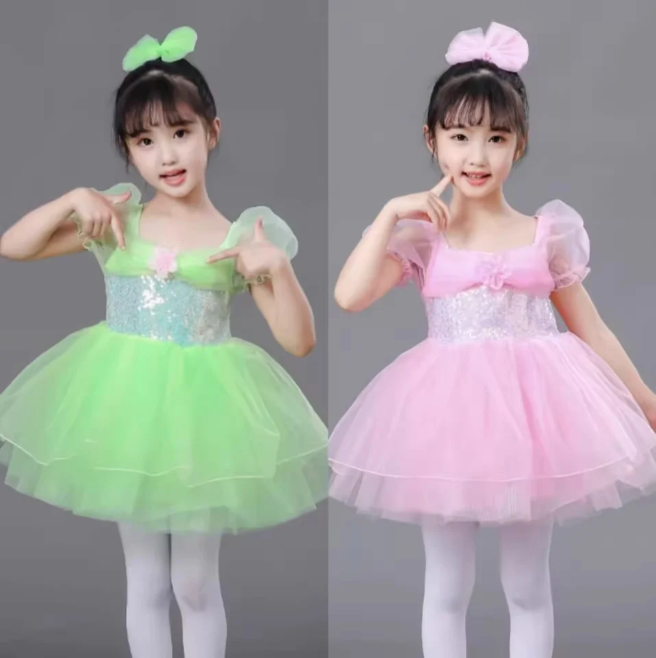 

Pink Green dance dress girls Children Kid Cheerleading costume Sequin Stage Performance Costumes star dance costume girls