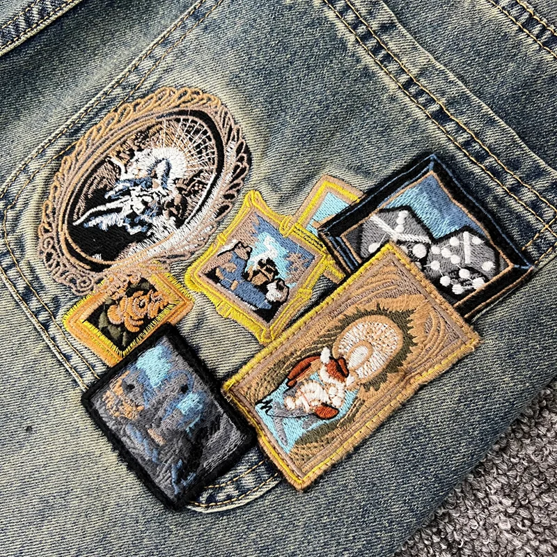 Derschutze Jeans High Street Men Women Washed Retro Embroidered Pattern Printed Straight-leg Denim Trousers Real Photo