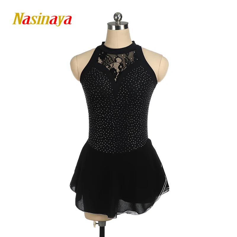 

Figure Skating Costume Dress Ice Skating Skirt for Girl Women Kids Black lace sleeveless Customized Competition Gymnastics Shiny