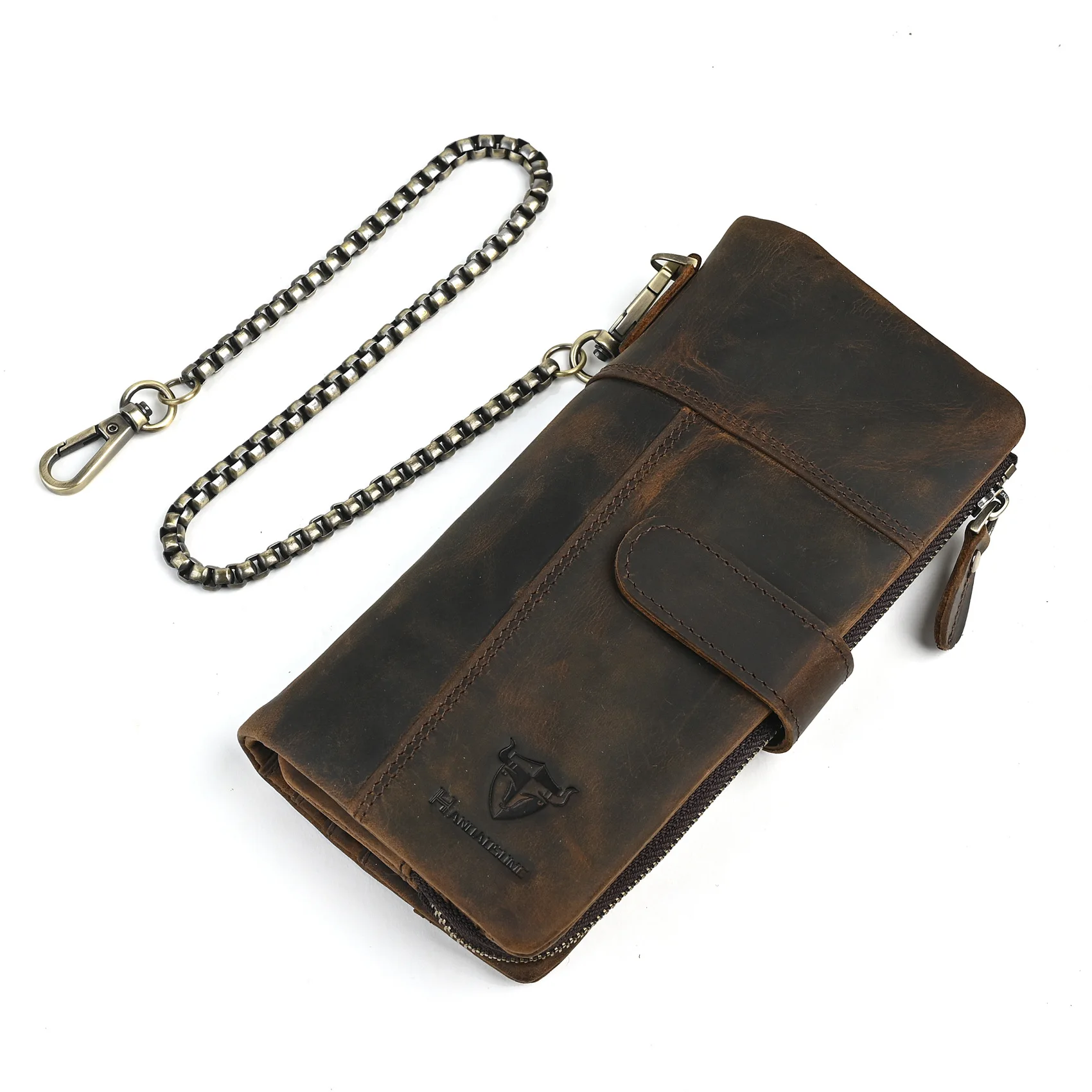 Crazy Horse leather men's multi-card long chain to prevent loss of large capacity clap mobile phone storage handheld wallet