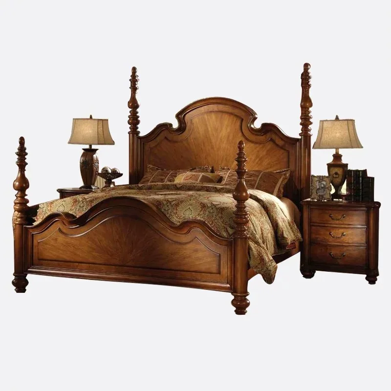 

&c American Light Luxury king Bed Retro Double Full Solid Wood Bed Master Bedroom High-end French Country Pillar